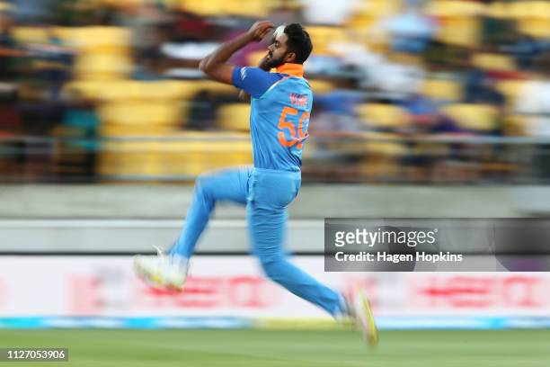 Vijay Shankar of India in action during game five in the One Day International series between New Zealand and India at Westpac Stadium on February...