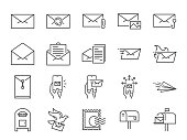 Mail line icon set. Included icons as email, dove, envelope, sent, post box and more.