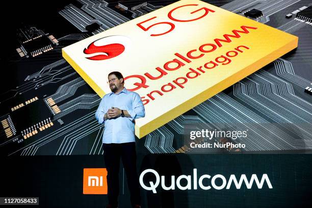 The president of Qualcomm, Cristiano Amon, talking about 5G, at Xiaomi launch, during the Mobile World Congress, on February 24, 2019 in Barcelona,...