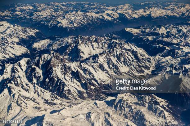 Snow covers mountains close to Lake Geneva in in the Swiss Alps on February 24, 2019 in Switzerland.