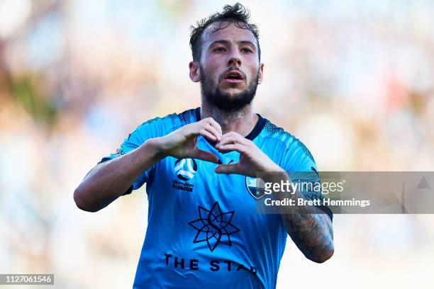 Adam Le Fondre of Sydney celebrates scoring a goal during the round 17 A-League match between Sydney FC and Melbourne City at WIN Jubilee Stadium on...