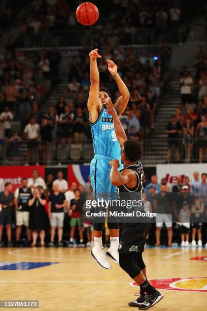 Corey Webster of the Breakers scores three points to bring the match into over time during the round 16 NBL match between Melbourne United and the...