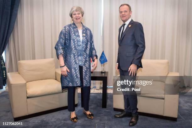 British Prime Minister Theresa May meets with EU Council President Donald Tusk during the first Arab-European Summit on February 24, 2019 in Sharm El...