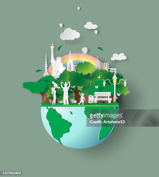 Paper art of eco friendly family concept and earth with environment day.Saving the world environment with family. Children are playing in the grass park.digital paper craft style.vector illustration
