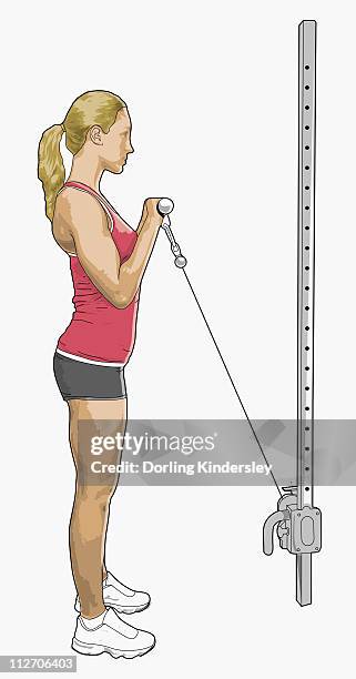 illustration of woman performing exercise using cable - home exercise stock illustrations