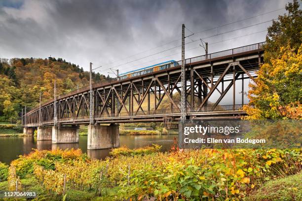 germany's first double-deck bridge across the moselle river in autumn - moezel stockfoto's en -beelden