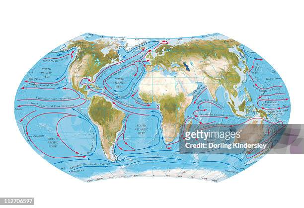 illustrazioni stock, clip art, cartoni animati e icone di tendenza di digital illustration of world map showing ocean currents - tide