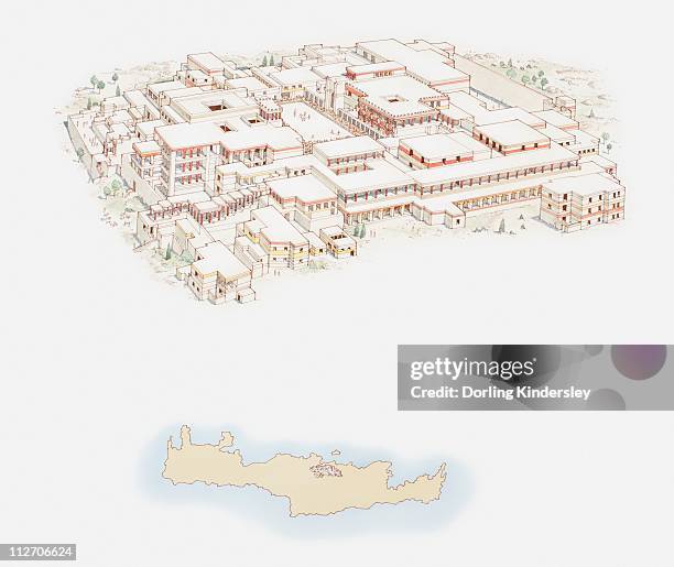 illustration of knossos palace and simple map of crete - palace stock illustrations