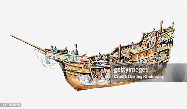 cross section illustration of the 15th century flagship santa maria - replica santa maria ship stock illustrations