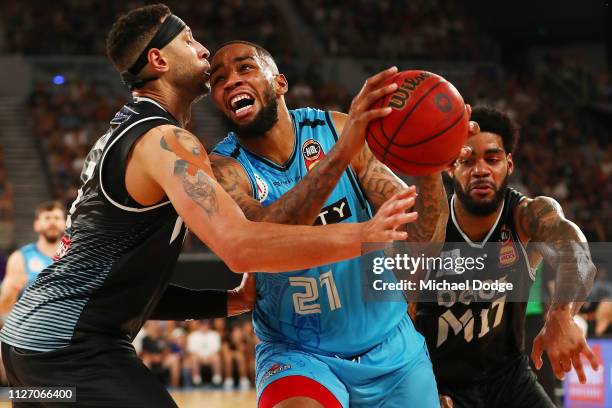 Josh Boone of United guards Shawn Long of the Breakers during the round 16 NBL match between Melbourne United and the New Zealand Breakers at Hisense...