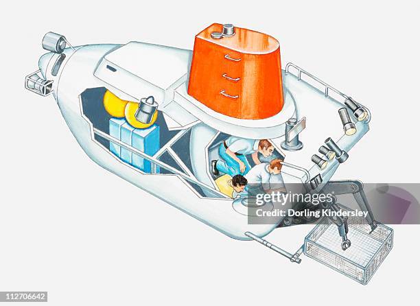cross section illustration of three men inside alvin submersible - submarine stock illustrations