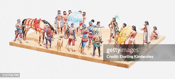 illustration of aztec's greeting the spanish conquistadors, giving them gold and other gifts from moctezuma, 1519 - aztec stock illustrations