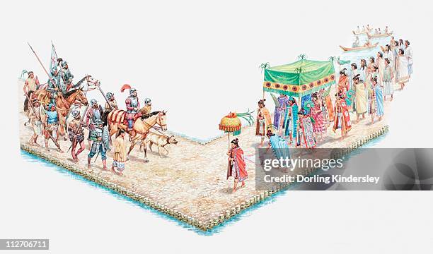 ilustraciones, imágenes clip art, dibujos animados e iconos de stock de illustration of axzecs welcome conquistadors as moctezuma walks beneath canopy to greet the spaniards at tenochtitlan - azteca