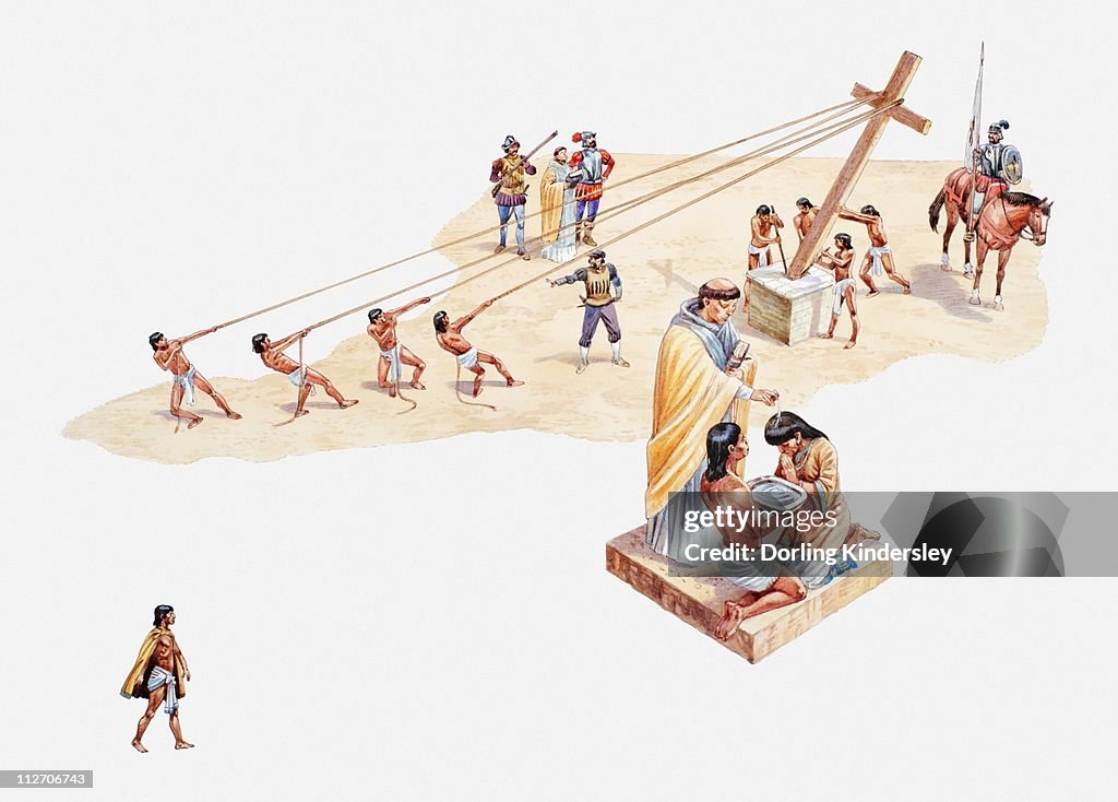 Illustration Of Aztecs Slaves Raising Crosses And Being Baptised By ...