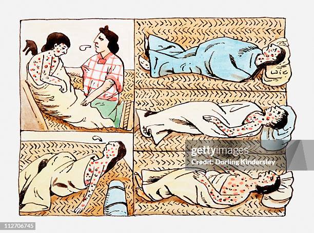illustrations of aztec's suffering from smallpox virus spread by spanish - lying on back stock illustrations