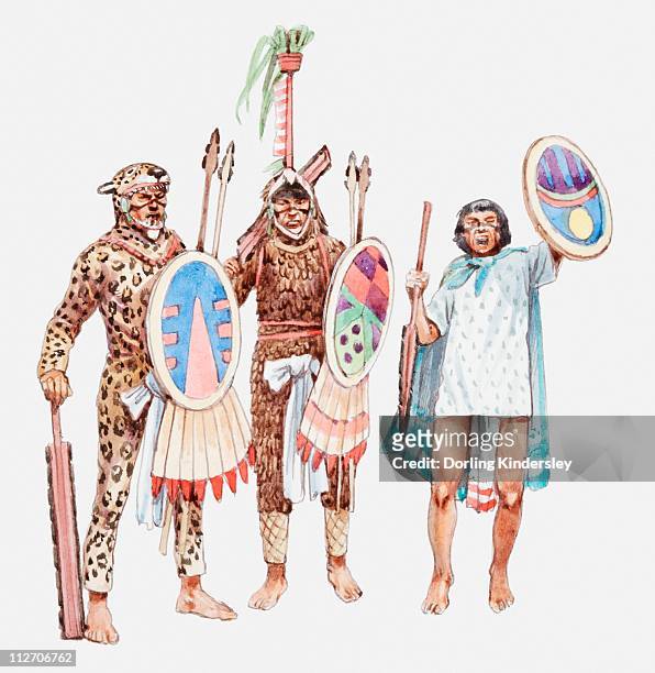 ilustraciones, imágenes clip art, dibujos animados e iconos de stock de illustration of jaguar warriors and aztec soldier holding shields and spears - azteca