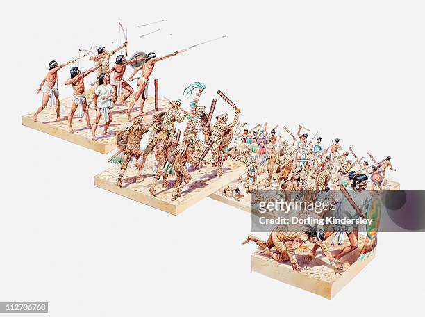 ilustraciones, imágenes clip art, dibujos animados e iconos de stock de series of illustrations of showing aztec battle using bows and arrows, spears, clubs and spear and the enemy being taken captive - azteca