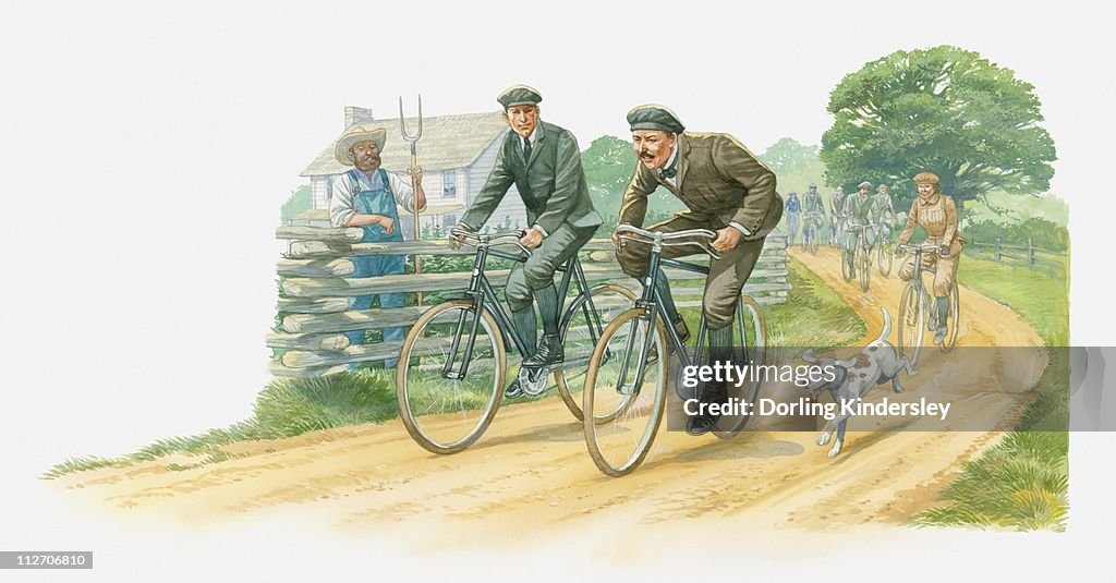 Illustration of the Wright brothers leading the way on country lane with their cycling club