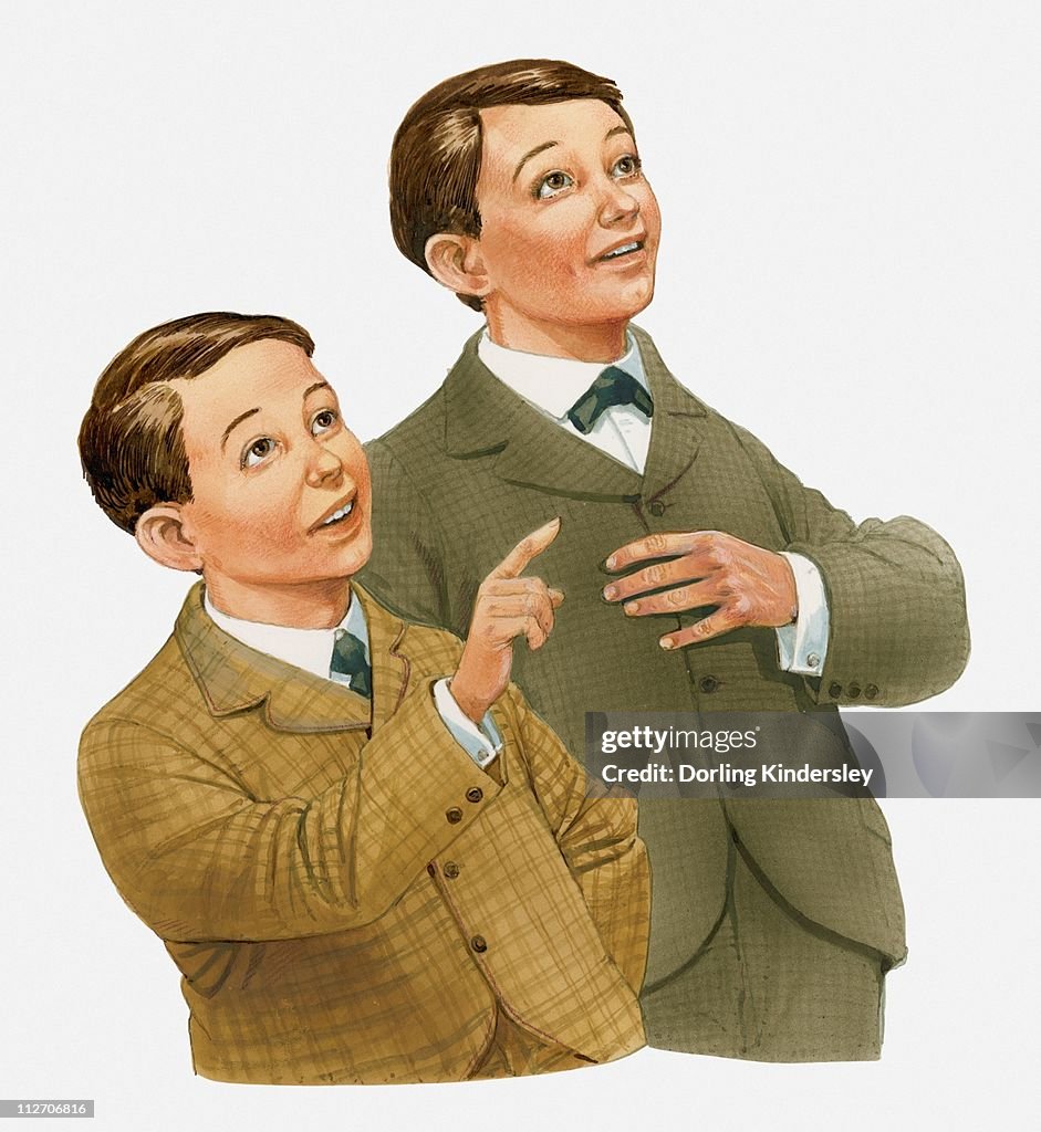 Illustration of Orville and Wilbur Wright looking up and pointing