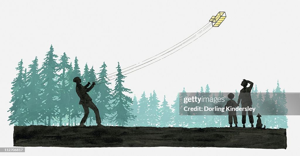 Illustration of man flying bi-plane kite