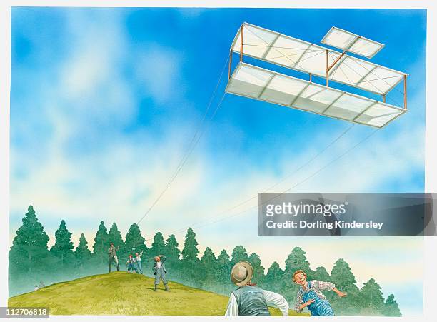 illustration of wilbur wright flying a large biplane kite - wright brothers stock-grafiken, -clipart, -cartoons und -symbole