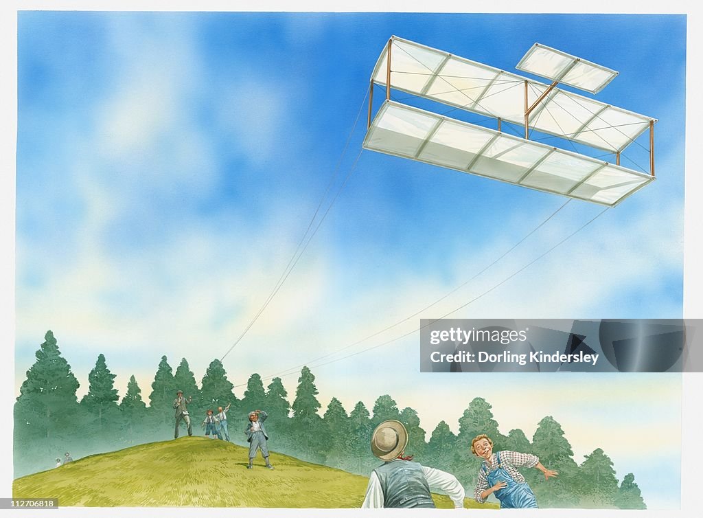 Illustration of Wilbur Wright flying a large biplane kite