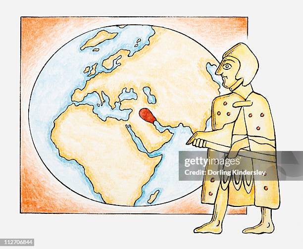 illustration of ancient sumerian next to a map highlighting ancient sumer - sumer stock illustrations