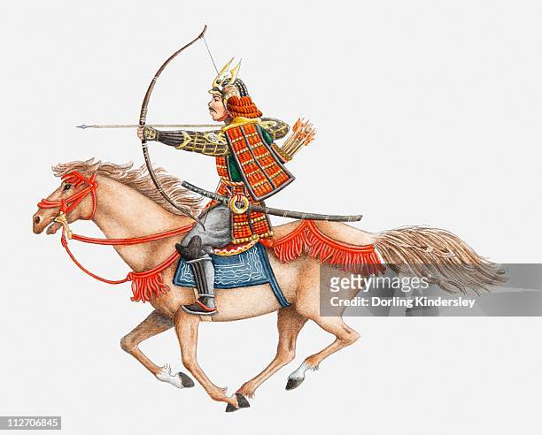 ilustrações, clipart, desenhos animados e ícones de illustration of early samurai warrior on horseback, side view - samurai