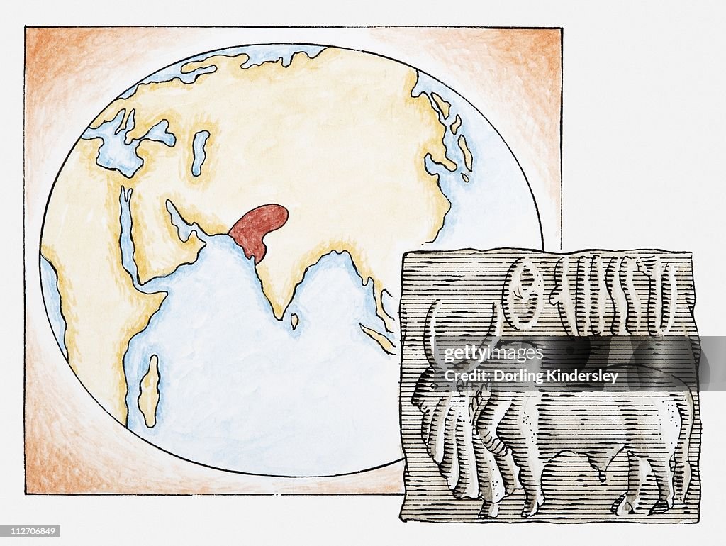 Illustration of map highlighting Indus Valley region and ancient tablet showing water buffalo