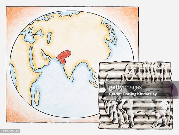 illustration of map highlighting indus valley region and ancient tablet showing water buffalo - indus valley stock illustrations