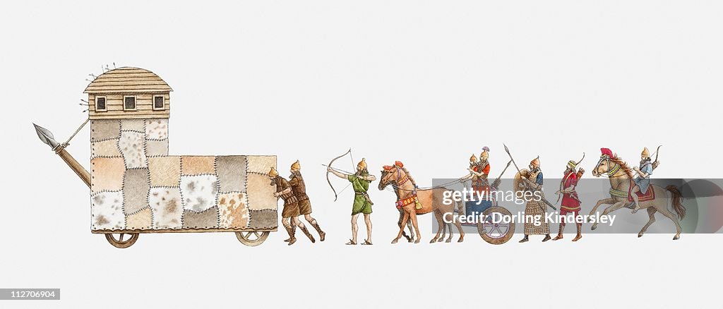 Illustration of ancient Assyrian army, battering ram pushed by men, followed by archers, a war chariot, foot soldiers and archer on horseback
