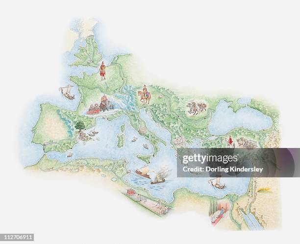 illustrated map of roman empire, bc - ancient rome stock illustrations