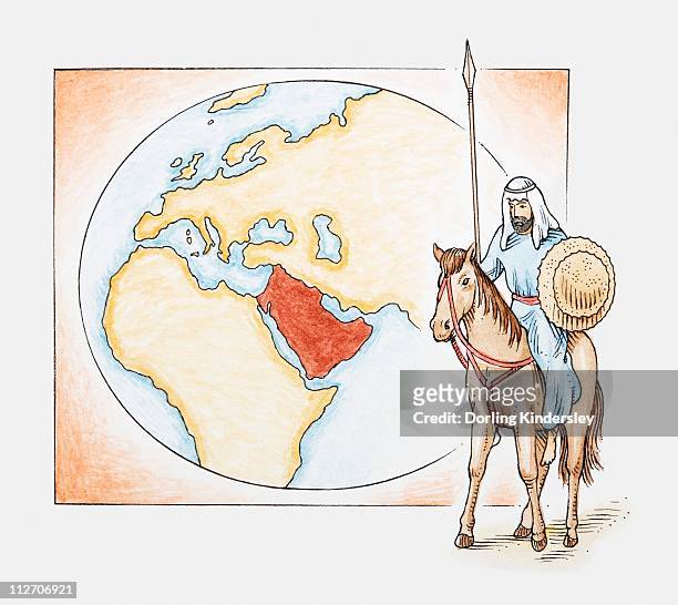 illustration of an arab man on horseback in front of a map of ancient arabia - ksa people stock illustrations