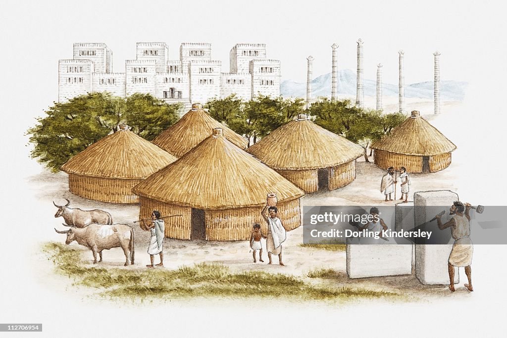 Illustration of ancient East African city of Axum showing people working marble in the foreground, conical grass huts, and royal palace in background