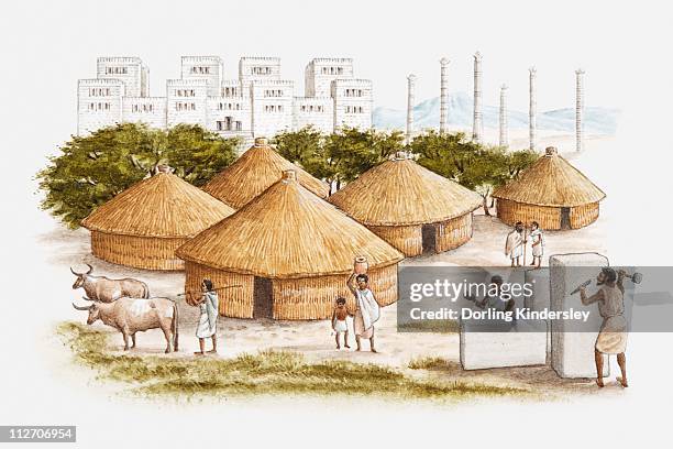 illustration of ancient east african city of axum showing people working marble in the foreground, conical grass huts, and royal palace in background - tigre 幅插畫檔、美工圖案、卡通及圖標