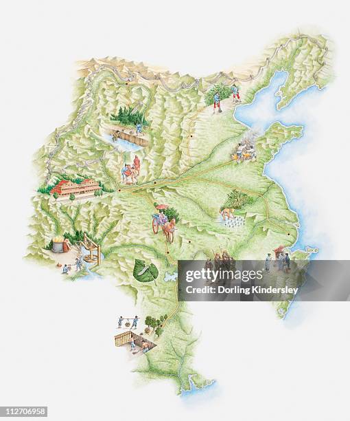 ilustraciones, imágenes clip art, dibujos animados e iconos de stock de illustrated map of ancient chinese empire showing monuments, workers and warriors - ancient civilization