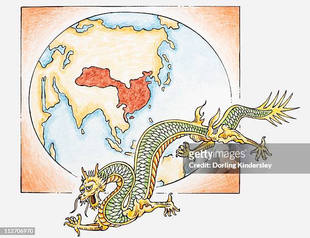 illustration of chinese dragon in front of map of china c. ad626 in the era of the t'ang dynasty - tang dynasty stock illustrations