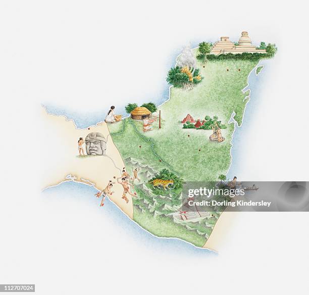 illustrazioni stock, clip art, cartoni animati e icone di tendenza di illustrated map of the land of the maya, yucatan peninsula - antica civiltà