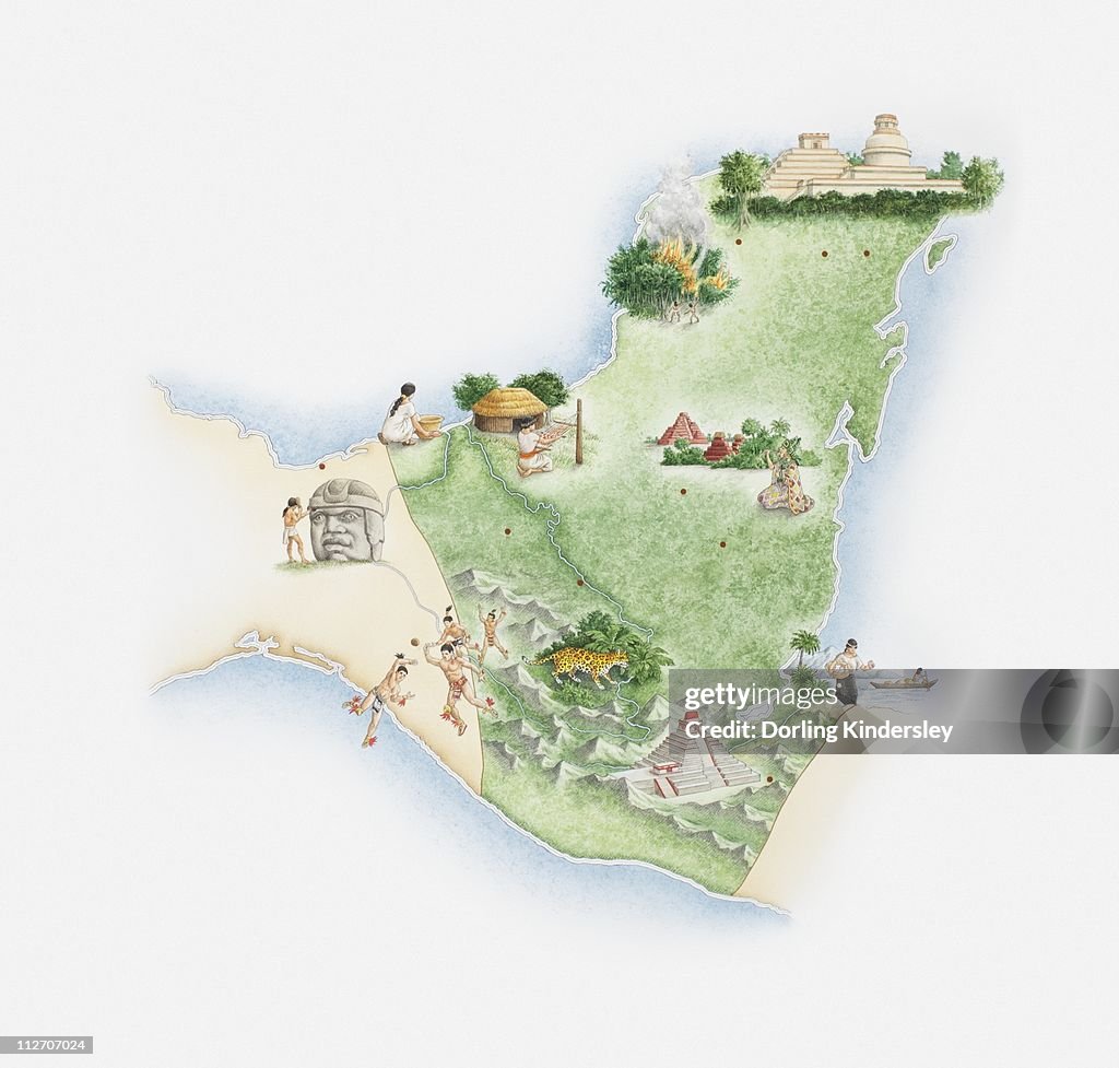 Illustrated map of the land of the Maya, Yucatan Peninsula