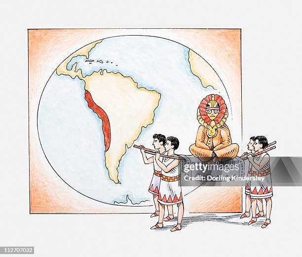 illustration of inca procession in front of map highlighting ancient inca empire - inca stock illustrations