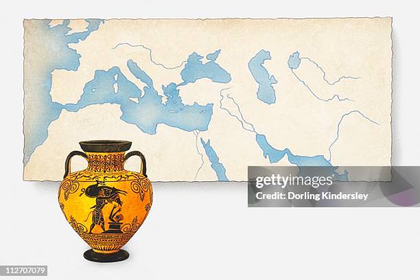 illustration of ancient greek urn in front of map showing the wider area where greek pottery has been found - urn stock illustrations