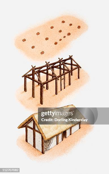 three-step illustration of approximate reconstruction of ancient wattle-and-daub house, based on wooden post holes in the ground - piling construction stock illustrations