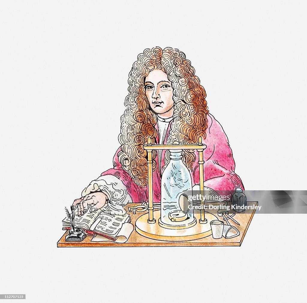 Illustration of Robert Boyle conducting experiment, showing that sounds are carried by air