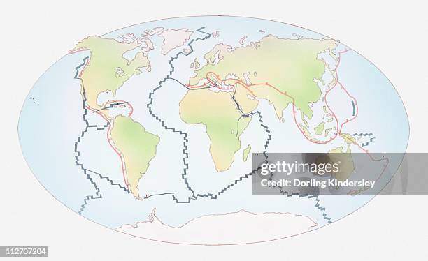 illustration of world map showing constructive plate margins and destructive plate margins - plate tectonics stock-grafiken, -clipart, -cartoons und -symbole