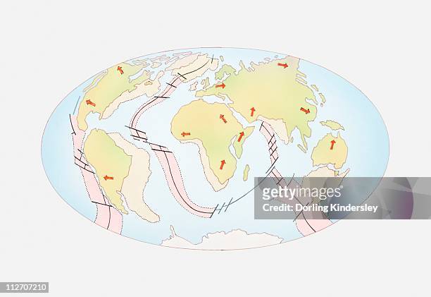 illustration of a world map showing a future scenario, with australia having moved much further to the north, and north america having split away from south america - plate tectonics stock-grafiken, -clipart, -cartoons und -symbole