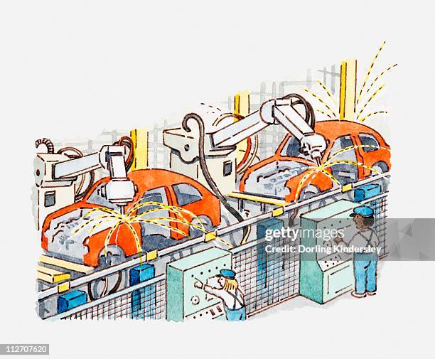 illustration of workers in car factory assembly line - car plant stock illustrations