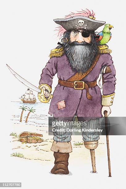 illustration of a pirate with parrot perched on his shoulder - pirate painting stock illustrations