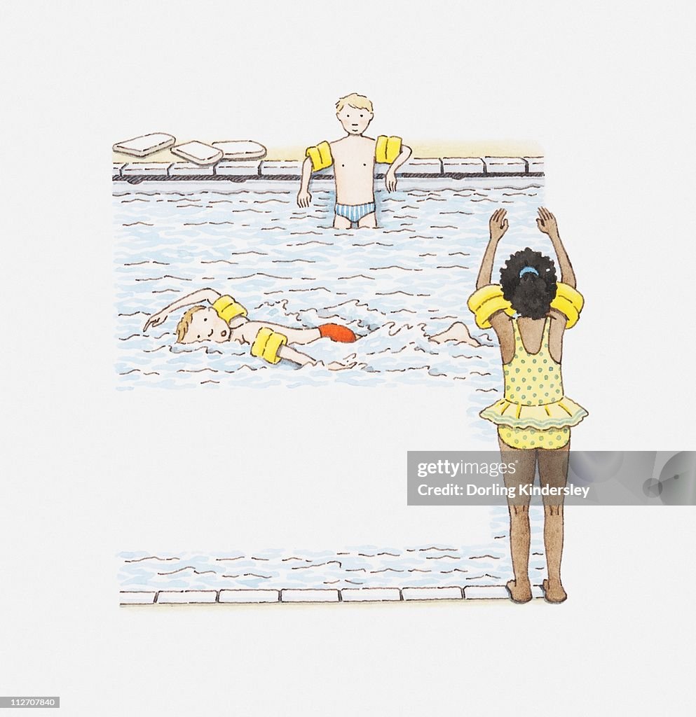 Illustration of children swimming in a pool and standing at edge of pool ready to dive in, all wearing water wings
