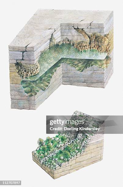 cross section illustrations showing canals inside gouffre berger and formation of river forming deposits of tufa - cave interior stock illustrations