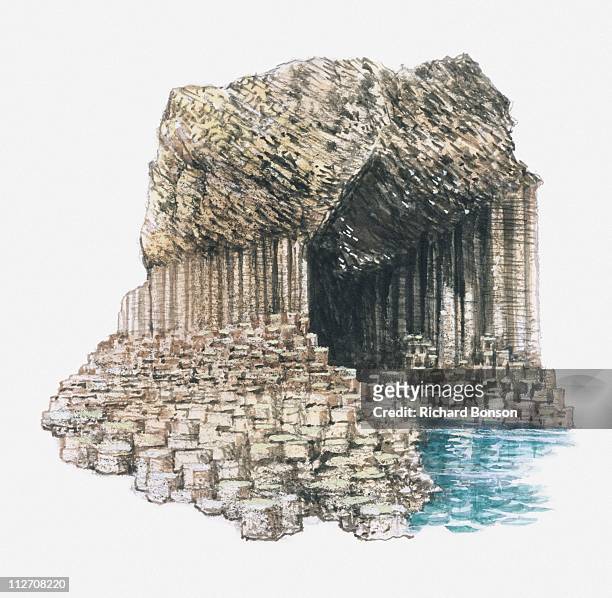illustration of fingal's cave formed from basalt columns on island of staffa - basalt stock-grafiken, -clipart, -cartoons und -symbole